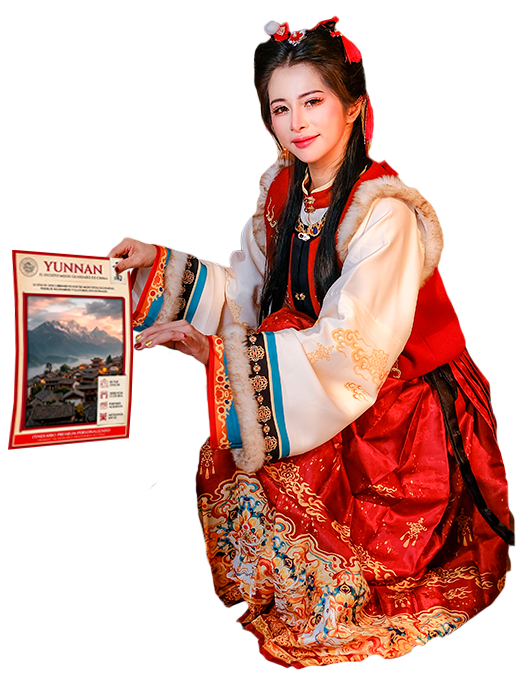 Mujer con traje chino tradicional mostrando el itinerario que hacemos en Destino China